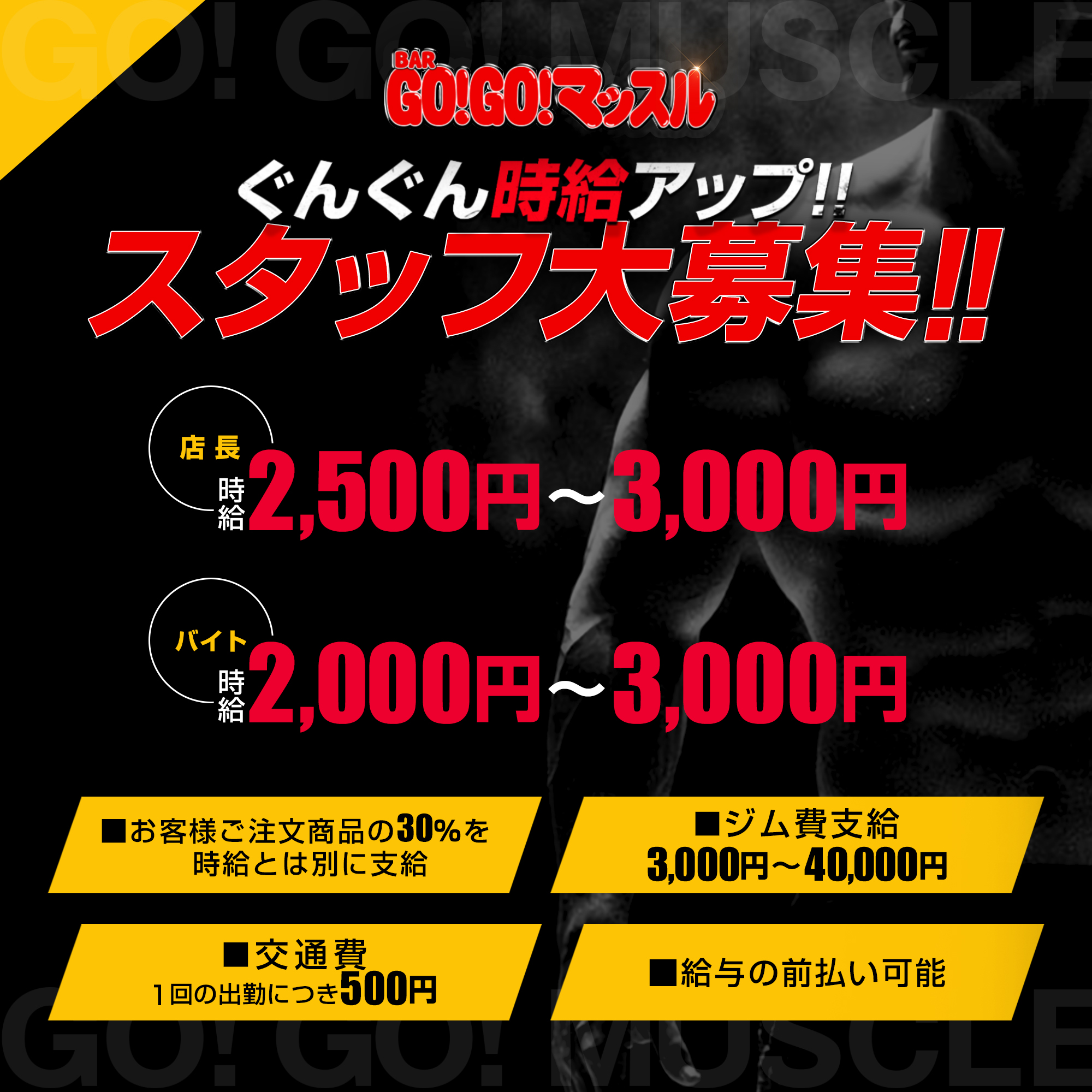 のラウンジ「BAR GO!GO! マッスル 横浜福富」のスタッフ求人アイキャッチ